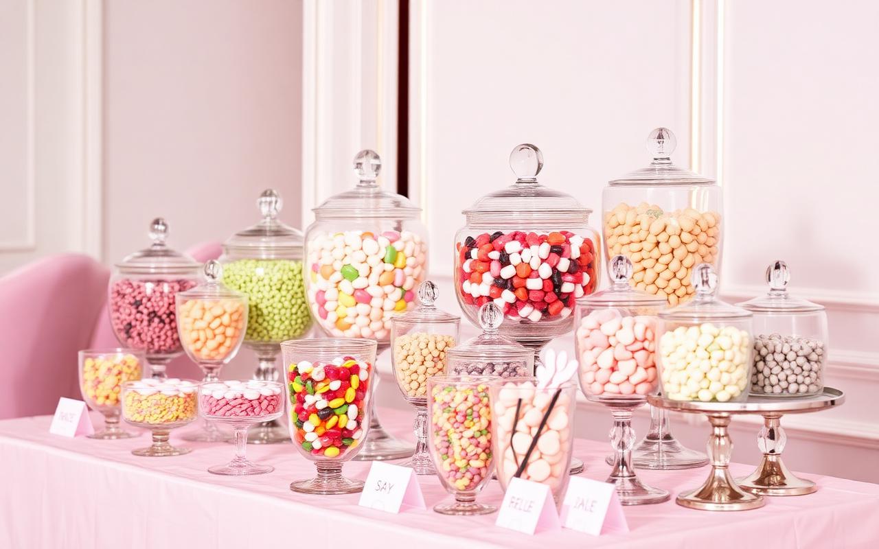 Candy bar édességasztal üvegtálakkal rendezvényen