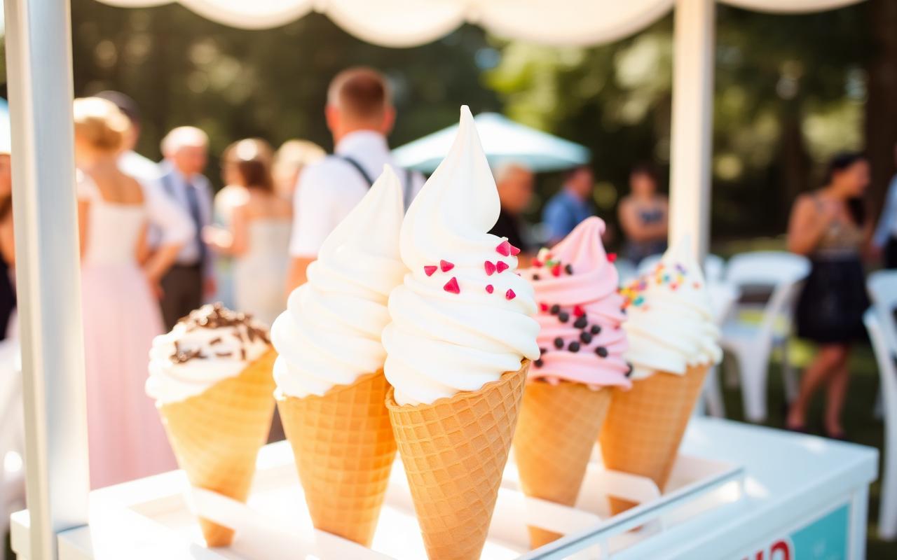 Softserve fagyi tölcsérek színes szórással egy nyári kerti esküvőn