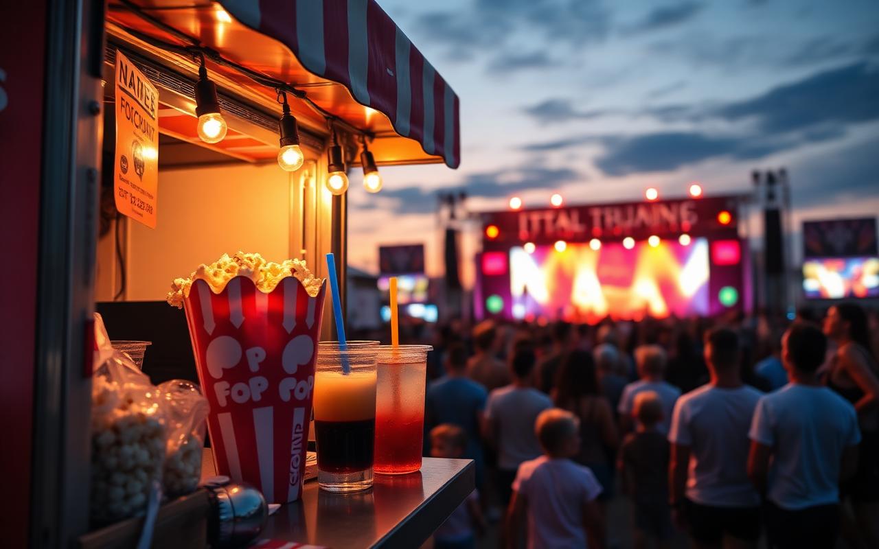 Mobil snack pult popcornnal és frissítőkkel egy nyári fesztiválon, színpadi fényekkel a háttérben
