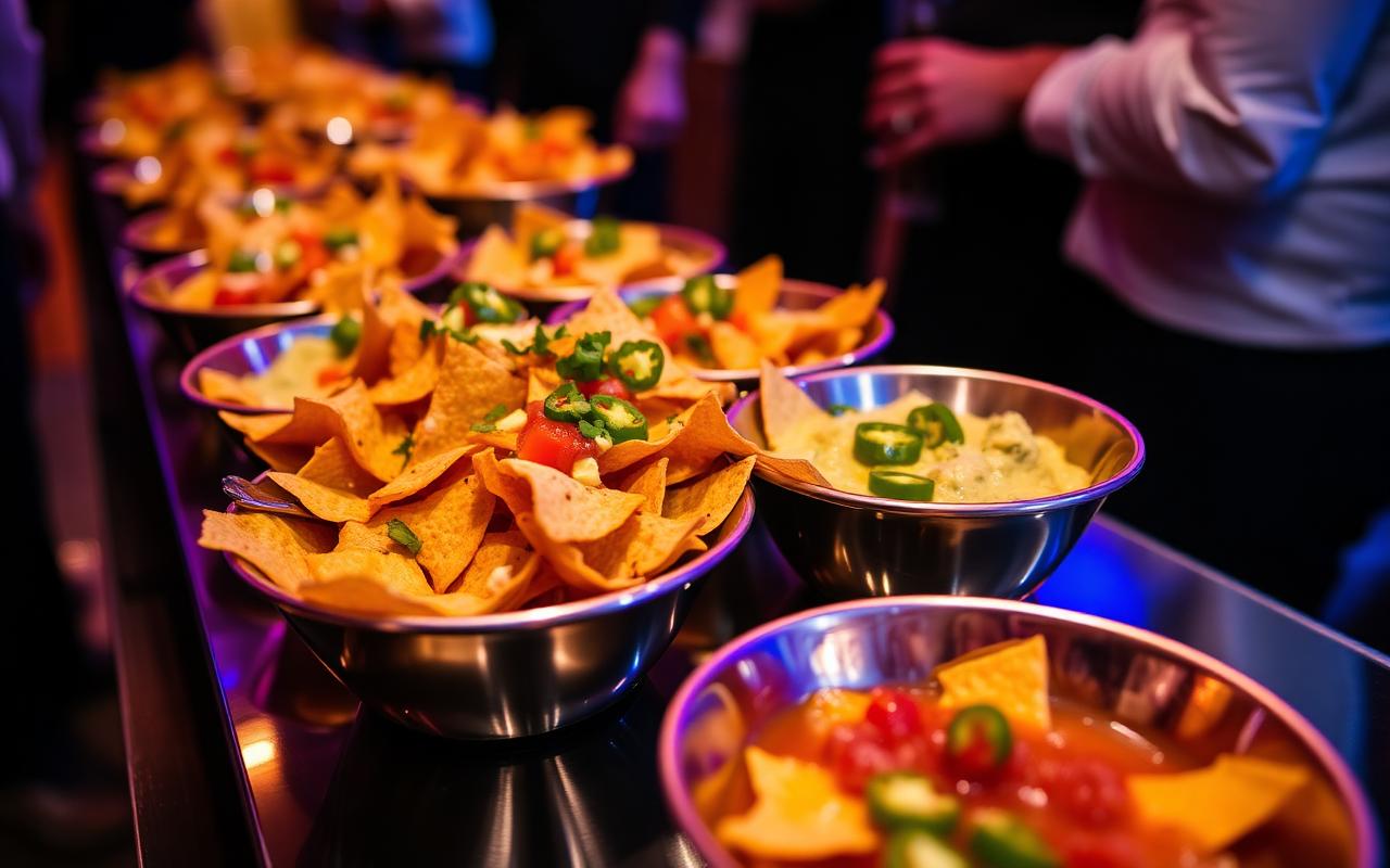 Ropogós nachos tálak sajtszósszal, guacamole-val és jalapeñóval egy rendezvényen