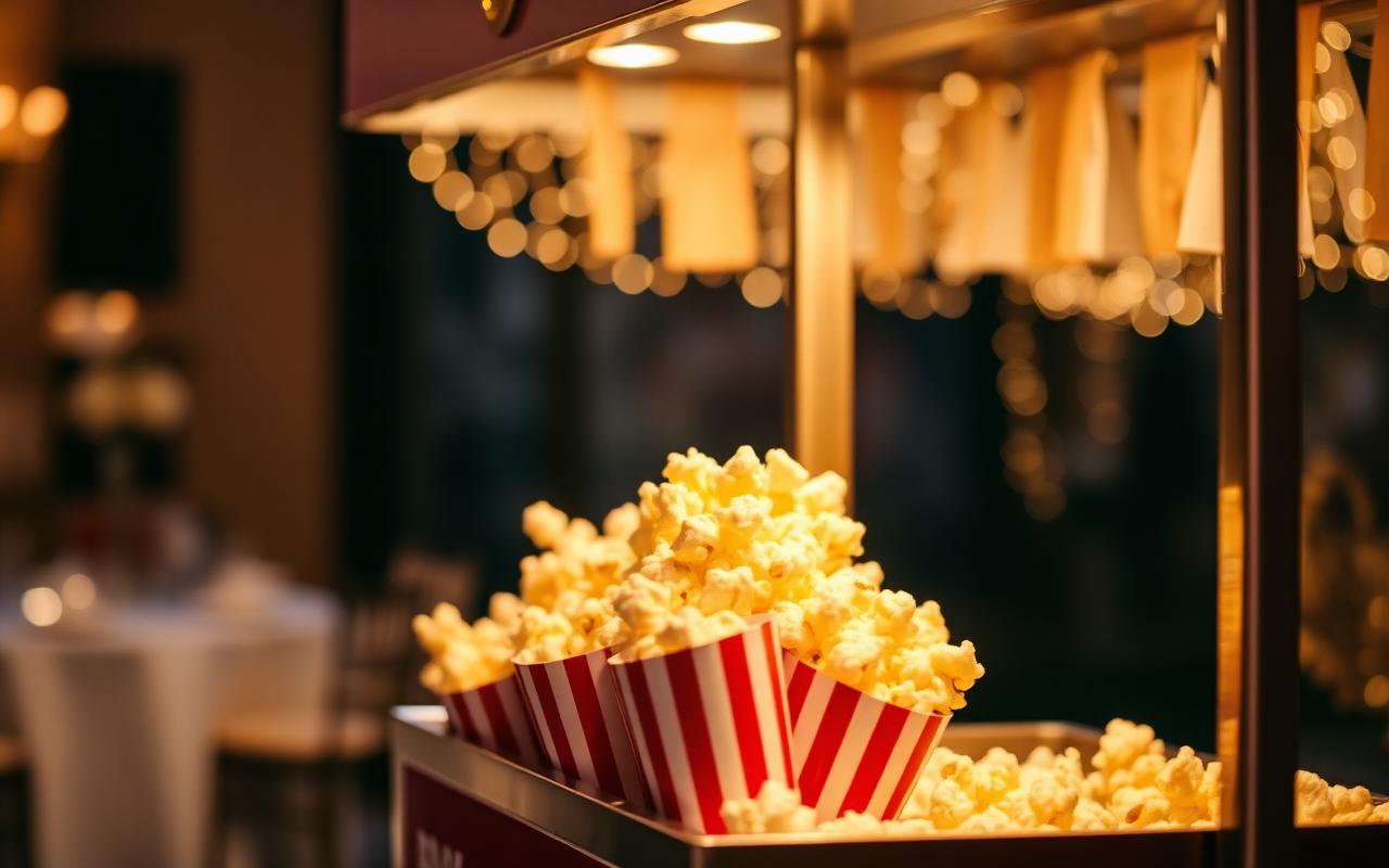 Elegáns popcorn pult esküvői rendezvényen, friss csíkos popcorn dobozokkal